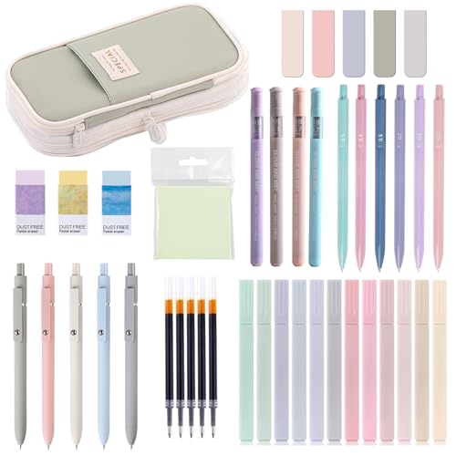 Harsever 42 Stück Schulsachen mit Mäppchen,12 Pastell Textmarker,5 Gelstifte,6 Druckbleistift Schreibwaren Set,Back To School Stuff,Office,Schreibwaren Set für Schüler