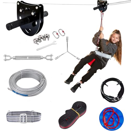 Zipline Seilrutsche, Slackline Zipline Kit, Zipline Set, Outdoor Hinterhof Zip Line Spaß, Mit Edelstahl Federbremse, Spielplatzunterhaltung mit Zipline (30m)