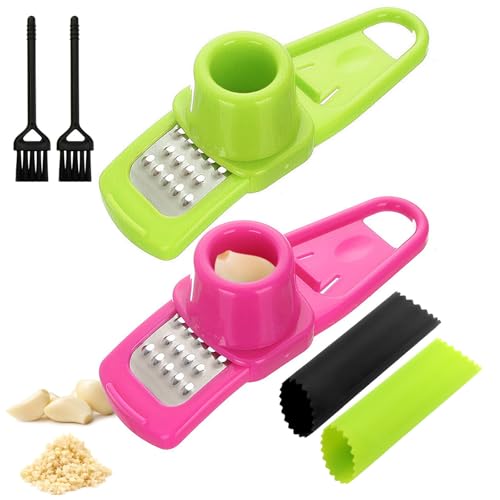 WideSmart Knoblauchpresse Set,2 Knoblauchschäler,2 knoblauchreibe and 2 Reinigungsbürsten,Knoblauchpresse Wippe Knoblauch Schäler Knoblauch Wippe Schäler Knoblauchreibe Keramik Teller Garlic Press