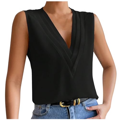 Damen-Tops, lässig, mehrlagig, V-Ausschnitt, einfarbig, ärmellos, Tanktop, Arbeit, Büro, elegant, Sommer, Damen-Top, Blusen, Hemden, locker, ärmellos, Tanktop, Chiffon, Weste, Tops für Frauen, Schwarz