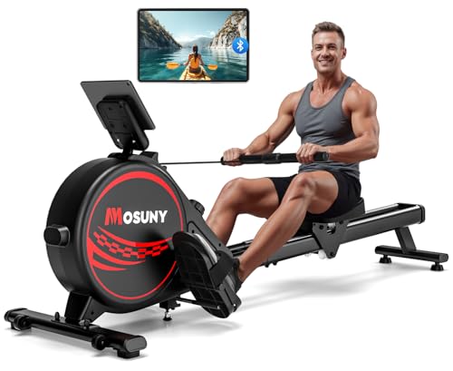 Rudergerät für Zuhause, 16 Stufen Widerstand, MOSUNY Leises Magnetisches Rudergerät, Upgrade Doppel-Slide-Rails, App-Kompatibel LCD-Datenanzeige, Belastbar bis160kg