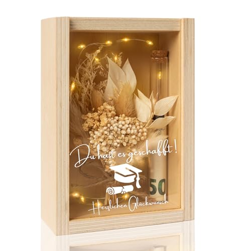 Buy by Brothers Geldgeschenk Bachelor, Abitur, Matura Abschluss, Holzbox mit LED (Du hast es geschafft) Geldgeschenke für einen erfolgreichen Abschluss Trockenblumen+Reagenzglas+LED