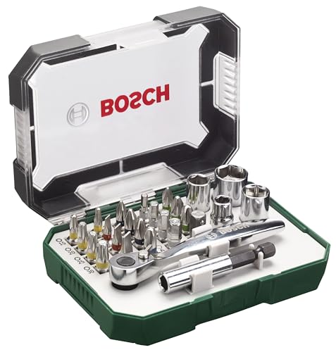 Bosch 26tlg. Schrauberbit- und Ratschen-Set (Extra harte Qualität, mit Adapter, Universalhalter, Zubehör Bohrschrauber und Schraubendreher)