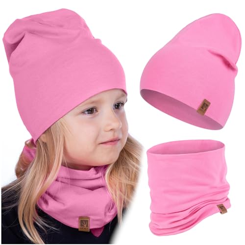 HEYO Kinder Set Beanie Mütze Schlauchal Baumwolle Rundschal weich Mädchen Jungen Herbst Frühling Frühlinsset Herbstset (Fuchsie)