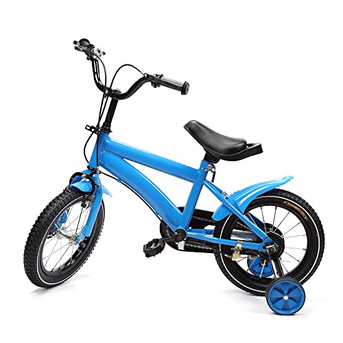 HuKaiL 14 Zoll Kinderfahrrad, Jungen Mädchen Fahrrad Kinderrad für ab 3-6 Jahre, Blau Höhenverstellbares Ausbildungsfahrzeuge mit Stützräder und Duales Bremssystem