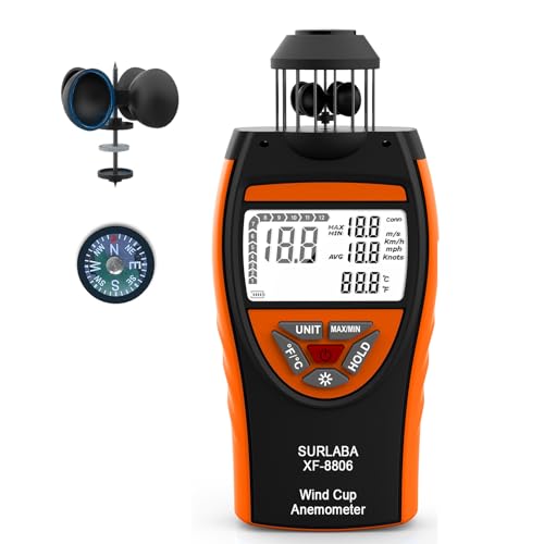 SURLABA Digital Cup Windmesser, Handheld Anemometer ±4% Hoher Genauigkeit Wind Gauge Misst MAX/MIN/AVG Windgeschwindigkeit & Temperatur (℃/℉), Wind Meter mit Kompass für Schießen, Segeln, Drohne