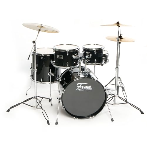 Fame FG22B-BK First Gig Rock Set, Komplettes Drum-Set Schwarz, Inklusive Becken und Hardware, Pappel-Kessel, 22 Zoll Bass Drum, 10 und 12 Zoll Tom-Tom, 16 Zoll Floor Tom, 14 Zoll Snare, Ideal für