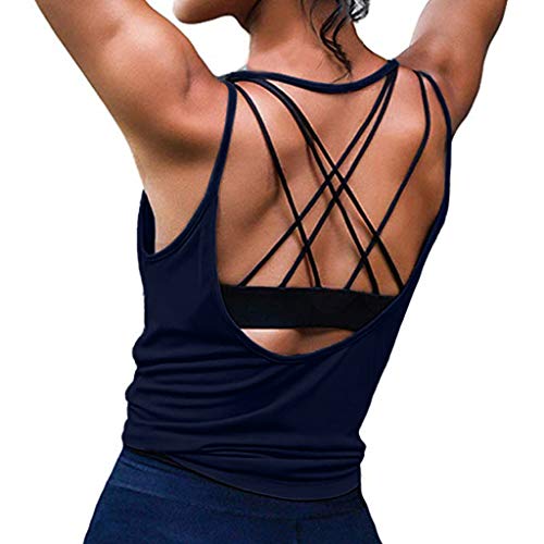 2025 - Frauen Yoga Sexy Activewear Backless Fitness Racerback Tanktops Shirts S. Damen Top (Navy, L)