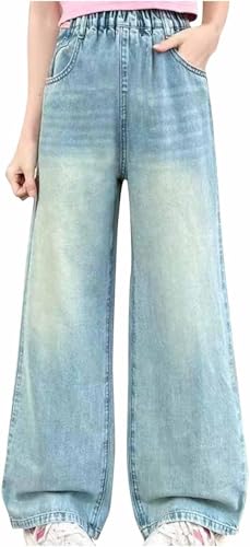 Gefomuofe Baggy Jeans Mädchen Weites Bein Jeanshose mit Gummizug Wide Leg Outdoorhose Breite Hose High Waist Freizeithose Pants Girls Y2k Vintage Hosen Loose Fit Pants für Kinder 5-17 Jahre
