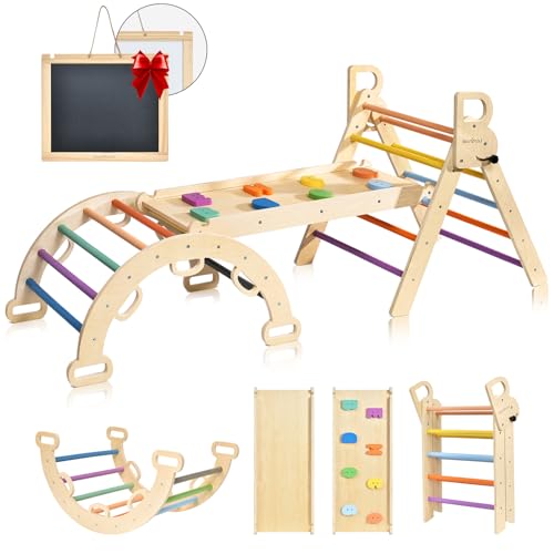 BlueWood 3-in-1 Montessori Indoor Spielset mit Bogen, Rampe und Kletterdreieck, Holz-Dreieckset für Baby-Innenspielplatz für Kinder, Spielplatz-Klettertoys für Kleinkinder – Regenbogen