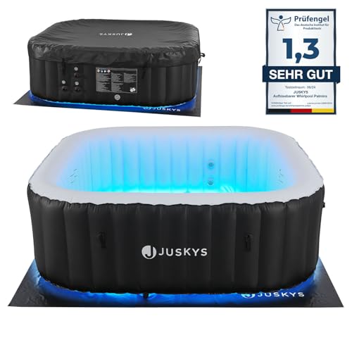 Juskys Whirlpool Palmira für bis zu 6 Personen - Outdoor Indoor Pool aufblasbar & mit LED - 2 m Aussenwhirlpool - Spa Hot Tub eckig - Schwarz