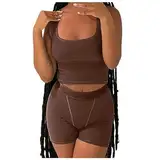 2-teilige Sets für Damen, passendes Workout-Set, kurze Tanktops Yoga-Leggings mit hoher Taille, Active Wear Kleidung Herren Hausanzug Damen Sommer Hausanzug Damen Elegant Damen Jogginganzug (Brown, L)