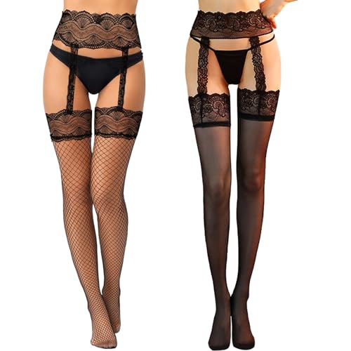 DGUSO Strapsstrümpfe 2 Paar Netzstrümpfe Strapsstrümpfe für Damen Nylonstrümpfe Damen Strapsstrumpfhose für Damen Netz Strapsen Strümpfe Damen Schlichte Dünne Fishnet Stockings (Schwarz)