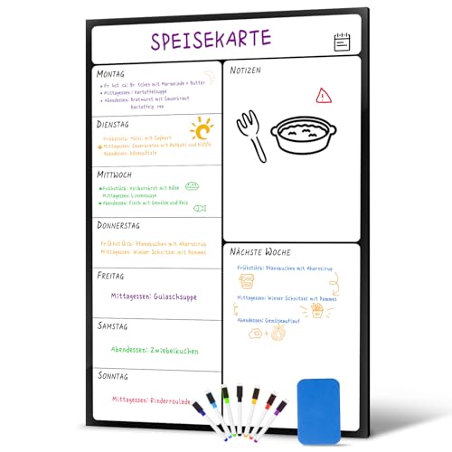 damoguin A3 Wochenplaner Abwischbar, Magnetisch Woche Menüplaner, Essensplaner für den Kühlschrank, Wöchentlicher Speiseplan, Magnettafel Planer Whiteboard für die Küche (Deutsch)