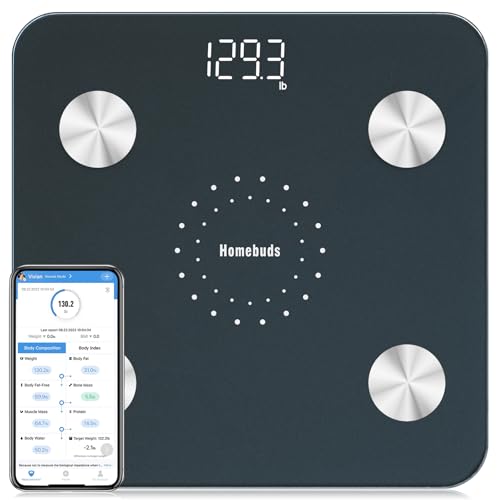 Homebud Personenwaage mit Körperfettanalyse, Hohe Präzision Zugesichert Durch Professionelle Waage Personen Fabrik seit 2001, App-Synchronisierung 13 Körperzusammensetzung, 180kg, LED, Blau