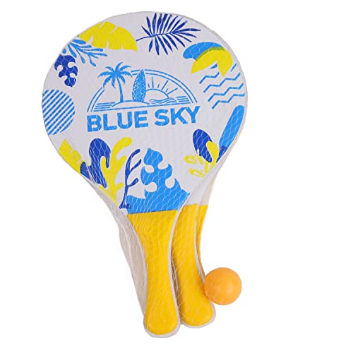 Blue Sky - 2 Strandtennisschläger - Strandball - Schlägerspiel - 040719J - Gelb - Holz - 38 cm x 24 cm - Spielzeug für Kinder und Erwachsene - Outdoor-Spiel - Strandspiel - Ab 3 Jahren