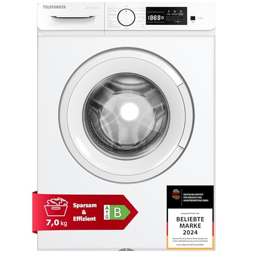 Telefunken Waschmaschine 7kg | Frontlader 1200 U/Min. | Inverter Motor - Leise & Effizient | AquaStop - Schutz vor Wasserschäden | Schontrommel | Washing Machine | 15 Programme | EEK B | W-7-1200-B-W