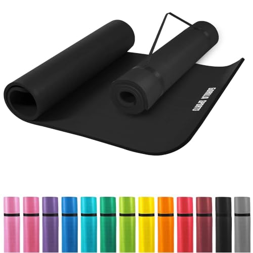 GORILLA SPORTS® Yogamatte - 190x60x1,5 cm oder 190x100x1,5 cm, mit Tragegurt, Phthalatfrei, Rutschfest, Farbwahl - Gymnastikmatte, Fitnessmatte, Sportmatte, Trainingsmatte, Übungsmatte Schwarz