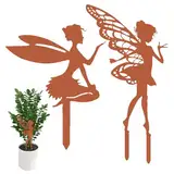 Gartenstecker Edelrost Elfe Feen 2er Set - Rostoptik Deko für Garten, Terrasse, Balkon - Zauberhafte Feenfiguren mit Flügeln - Pflanzenstecker - Patina Metall Dekoration