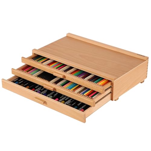 VISWIN 3-Schublade Holz Artist Supply Storage Box mit abnehmbaren Trennwänden, Premium Buche Holz Art Storage Box, Portable Organizer Box für Farben, Marker, Stifte, Pinsel und Kunstzubehör