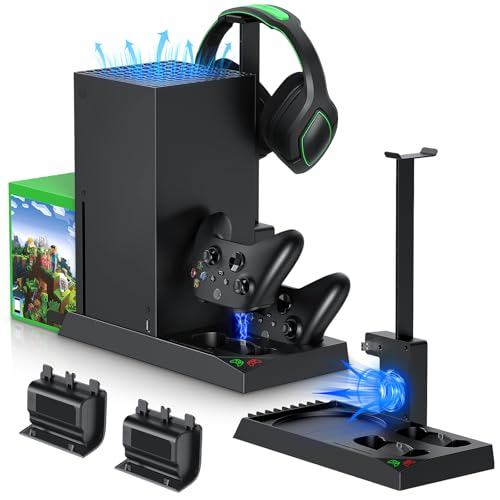 MENEEA Ständer mit Lüfter für Xbox Series X Zubehör, 5 in 1 Vertikale Dual-Ladegerät mit Controller Ladestation, 2stk 1400mAh Akkus,Konsole Kühler, Headset-Halterung und Spiele-Aufbewahrung (Schwarz)