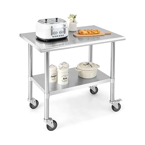 COSTWAY Edelstahl Arbeitstisch Küche, Edelstahltisch mit Höhenverstellbarer Ablage & 4 Universalrädern, 250 kg Tragkraft, 91,5x61x88,5cm, Küchentisch Zerlegetisch Tisch, Zubereitungstisch Bar