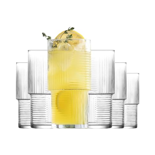 NORDIC SCHILLER 6er Trinkgläser Set, 400 ml Stapelbare Highball-Gläser, hochwertiges Glas, Wassergläser, Saftgläser mit Fuß, für Wasser, Cocktails, spülmaschinenfest, Gin Cocktail Glaswaren Set