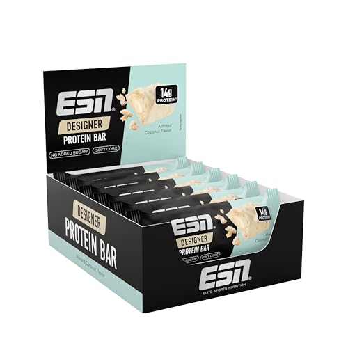 ESN Designer Bar Box, Almond Coconut, 12 x 45 g, der ideale Snack mit bis zu 14 g Protein pro Riegel, geprüfte Qualität - made in Germany