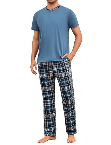 Aseniza Herren Schlafanzug Kurze Ärmel Pyjama Baumwolle Zweiteilige Pyjamas Langer Schlafanzughose für Männer