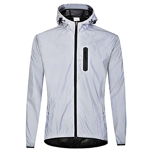 Agolu Reflektierend Fahrradjacke mit Kapuze, Wasserdicht Atmungsaktiv Damen Herren Unisex Winddicht Radjacke Fahrrad Regenjacke Windjacke, Jacke für Radfahren Laufen Wandern, Silber M