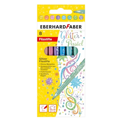 Eberhard Faber 551009 - Glitzer Filzstifte Pastell, 8 Malstifte mit dünner Spitze im Kartonetui