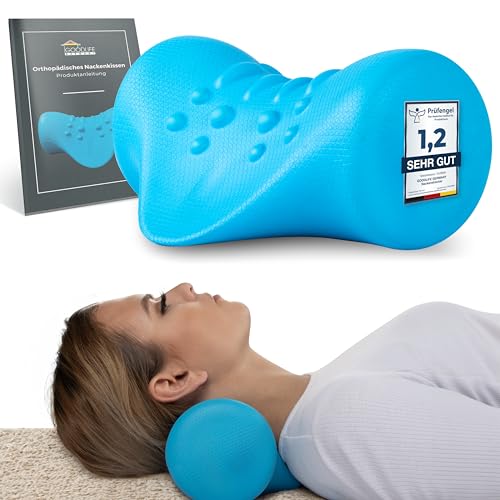 GoodLifeGermany Nackenstrecker orthopädisch - ergonomisch geformter Nackendehner - wohltuend bei Kopf- & Nackenschmerzen, Migräne - Nackenretter gegen Nackenschmerzen - deutsche Anleitung - (Blau)