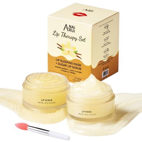 ANAiRUi Lippenbalsam und Lippenpeeling-Set, Vanille & Collagen Lippenschlafmaske und Lippenpeeling Zuckerpeeling, Lippenpflege-Geschenkset für Trockene, Rissige, Schälende Lippen