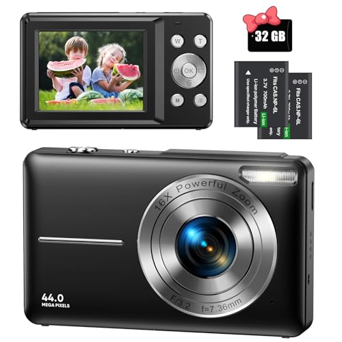 Digitalkamera 44MP 1080P FHD Fotokamera Kompaktkamera 16X Digitalzoom Fotoapparat mit 32GB Speicherkarte, Digital Kamera für Kinder, Teenager, Anfänger, Jungen, Mädchen(Schwarz)