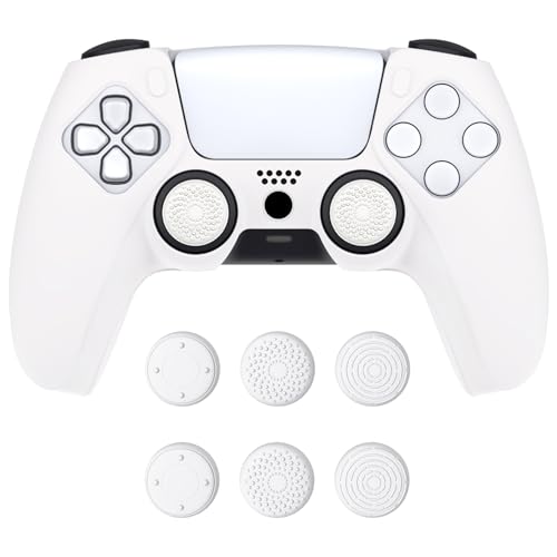 PlayVital Silikon Hülle für ps5 Controller,Dockable Schutzhülle Hülle Case Griffe Skin mit 6 Joystick-Kappen für ps5 Wireless Controller Passend zur Ladestation(Pure Series,Weiß)