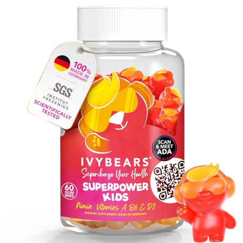Superpower - Immunsystem stärken Kinder - Vitamin A, B6, C, D & E - Multivitamin Gummibärchen für Kinder - 100% natürlicher Beerengeschmack - Made in Germany - Tägliche Versorgung 60 Stück - IVYBEARS®
