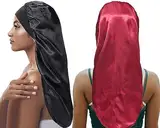 Chenivesss 2 Stück Lange Satin Schlafmütze, Atmungsaktive Schlafmütze, Große Satin Schlafmütze für langes lockiges Haar Schutz, Große Satin Haube Seide Schlafmütze zum Schlafen(Schwarz+Weinrot)