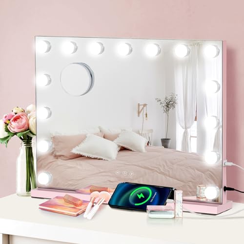 YU YUSING Hollywood Schminkspiegel mit Beleuchtung, 15 LED Licht Dimmbar Kosmetikspiegel 3 Modi, Vanity Spiegel Tischspiegel Wandspiegel mit 10X Vergrößerung für Schlafzimmer Schminktisch, Rosa