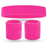 3er Set Schweißband Set pink & Stirnband: Accessoire Vokuhila Kostüme Retro-Neon-Stil - 80er & 90er - Fasching und Karneval
