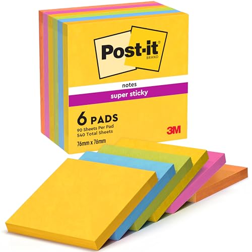 Post-it Super Sticky Notes Carnival Collection, Packung mit 6 Blöcken, 90 Blatt pro Block, 76 x 76 mm, Gelb, Blau, Grün, Pink - Extra-stark klebende Notizzettel für To-Do-Listen und Erinnerungen