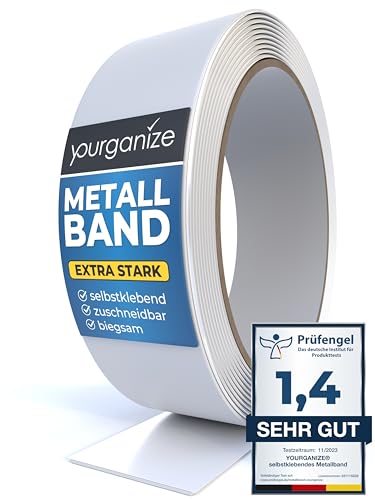 YOURGANIZE® Metallband selbstklebend | Ideal für Magnete & Tonies®-Figuren | Magnetleiste selbstklebend & zuschneidbar | Magnetband für Magnete | Ferroband | Weiß (1m)