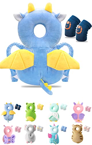 JEJA Baby Kopfschutz, Verstellbare Schutzkissen Baby, Safety Guard Kissen für Kinder 4-24 Monate - Drachen mit Knieschoner Baby Krabbeln