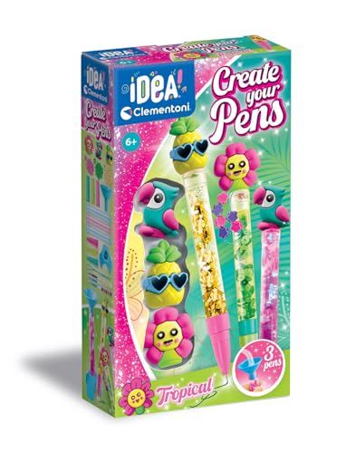 Clementoni Idea Deine Stift-Kreationen Tropical - DIY Stifte-Set mit tropischen Accessoires - Bastelset zum Stifte selber machen, Kreativspielzeug & Geschenk-Set für Kinder ab 6 Jahren, 18790