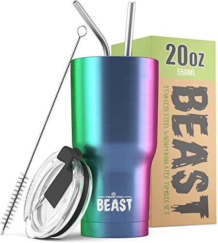 Beast Thermobecher 550 ml (20 oz) - Regenbogen I Mehrweg Thermo Kaffeebecher To Go mit 2 Strohhalmen & Reinigungsbürste I Doppelwandiger Trinkbecher aus Edelstahl I Perfekt für Kaffee oder Eiskaffee