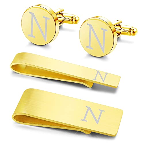 Morfetto 4 Stück Edelstahl Manschettenknöpfe Krawattennadel Geldscheinklammer Set Initialen A-Z mit Geschenkbox für Trauzeuge Bräutigam Hochzeitsgeschäft Gold-N