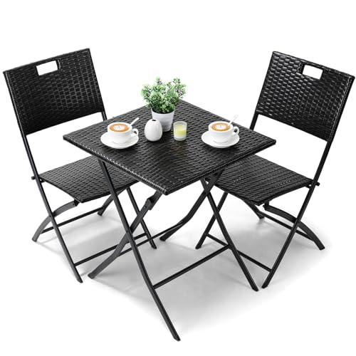 LIFERUN Balkonmöbel Set Bistro, Balkonmöbel Rattan Set, Bistro Gartenmöbel Set 3-teilige, Klappbar Balkontisch mit 2 Stühle, Schwarze Balkon Set, Balkonmöbel Klappbar, Rattan-Sitzgruppe