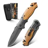 Ogival Klappmesser (Zweihandmesser),Taschenmesser mit Holzgriff und Nylonscheide,Edc Messer mit Taschenclip,für Camping, Wandern