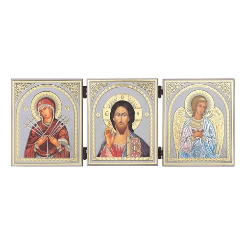 NKlaus - Gottesmutter der Sieben Pfeile & Jesus Christus & Schutzengel - Haus Altar Triptychon - 12x31cm - Ikonografie 16508