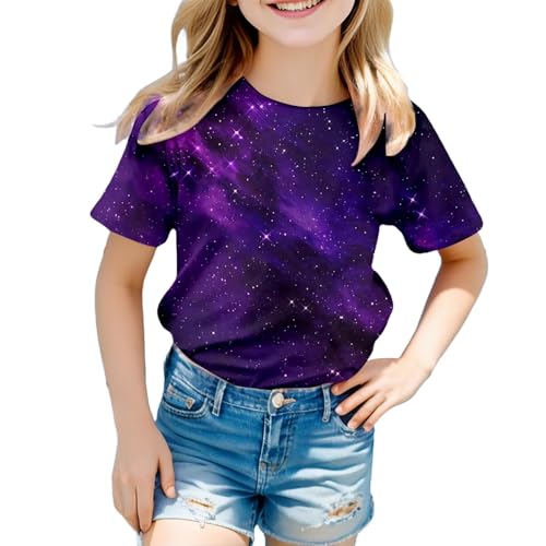 QJDFLL Galaxy-Shirt für Kinder, T-Shirts mit 3D-Galaxy-Print, Glitzer-Shirts, Bluse, modische Sommershirts mit Sternenhimmel, Rundhalsausschnitt, Kurzarm-Oberteile (Purple #21,140)