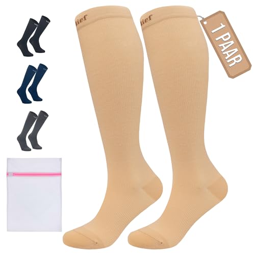 360 Relief Kompressionsstrümpfe Damen und Herren - 1 Paar Kompressionssocken Einfarbig für Sport, Laufen, Flug, Reise, Joggen, Radsport, Kniestrümpfe, L/XL Beige mit Wäschenetz